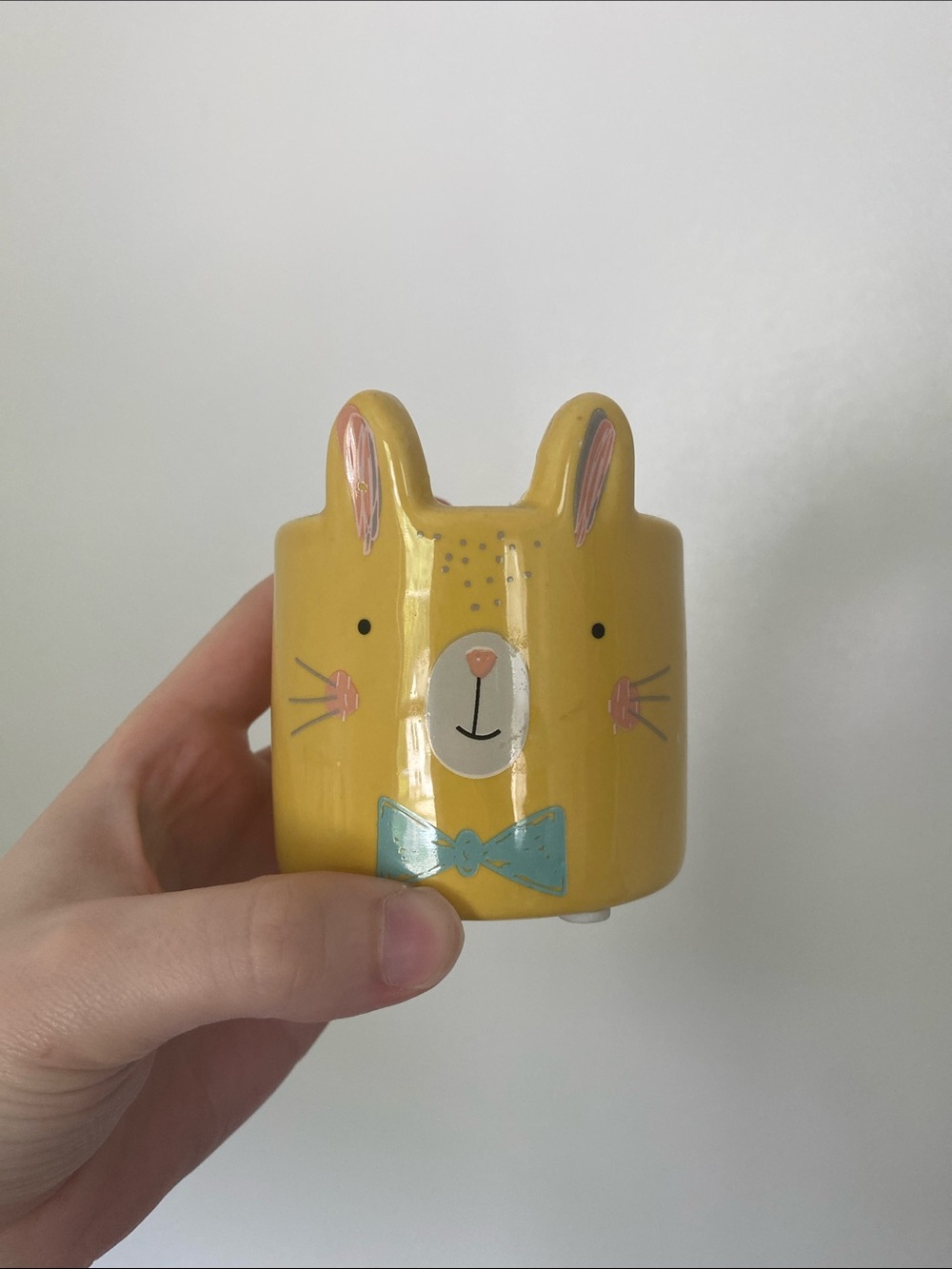 Yellow Bunny Ceramic Planter with Blue Bow